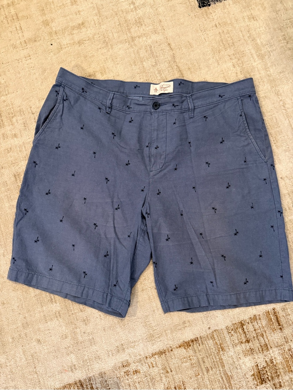 Original Penguin Navy Blue Palm-Embroidered Flat Front Shorts